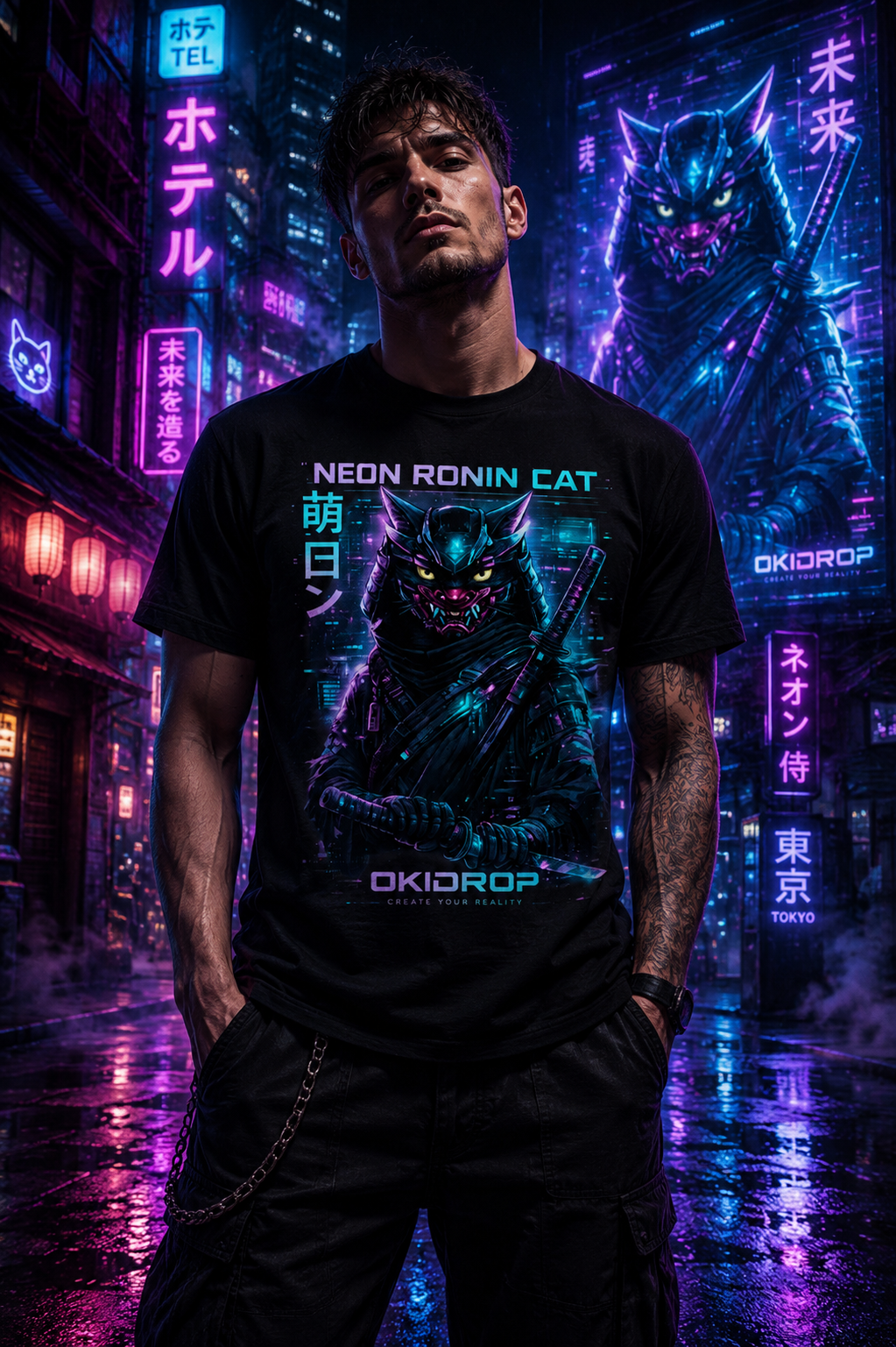 Neon Ronin Cat T-Shirt | Cyberpunk Samurai Anime Streetwear | OkiDrop