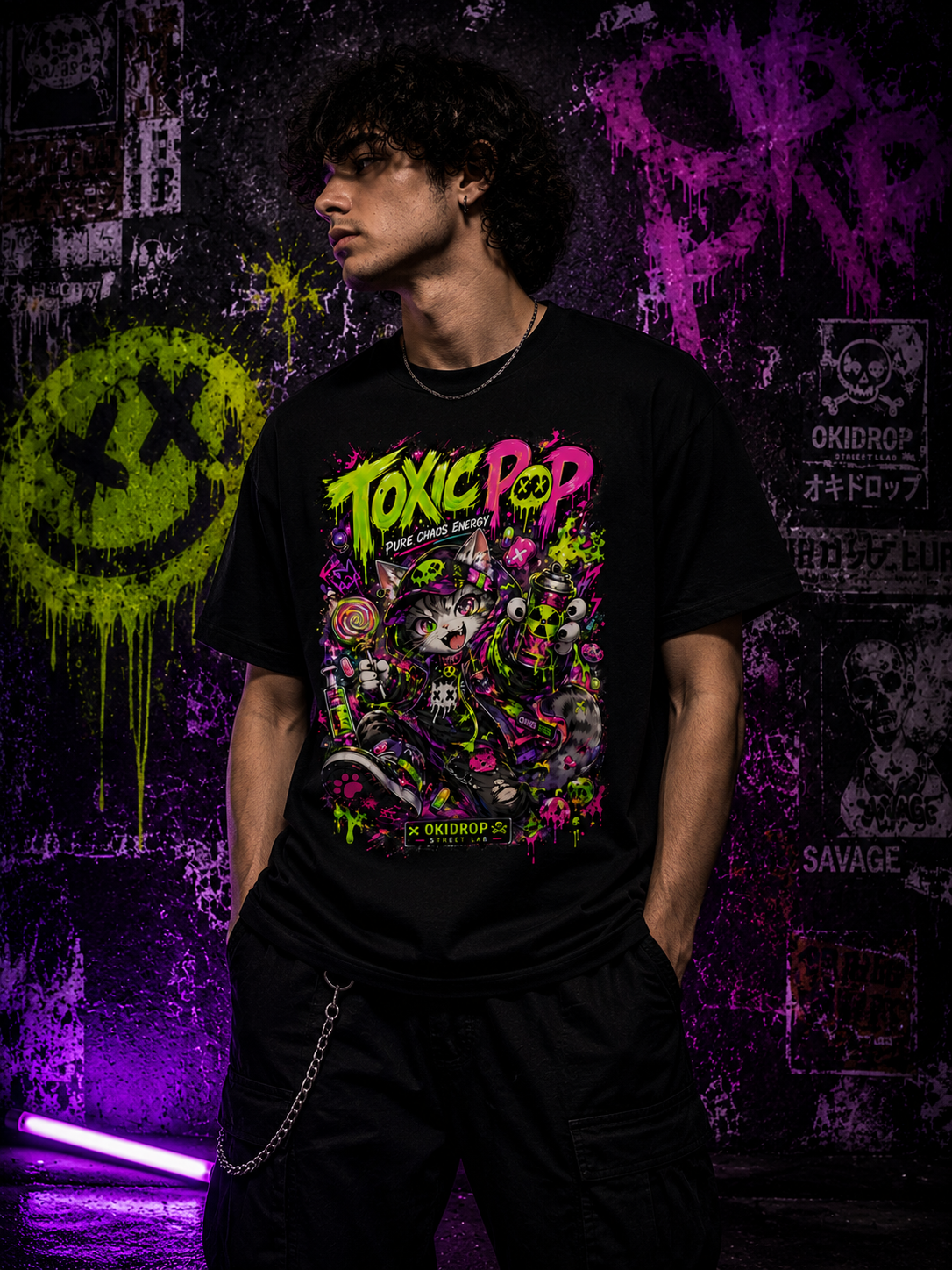 OkiDrop Toxic Pop Cat T-Shirt – Neon Streetwear Edition