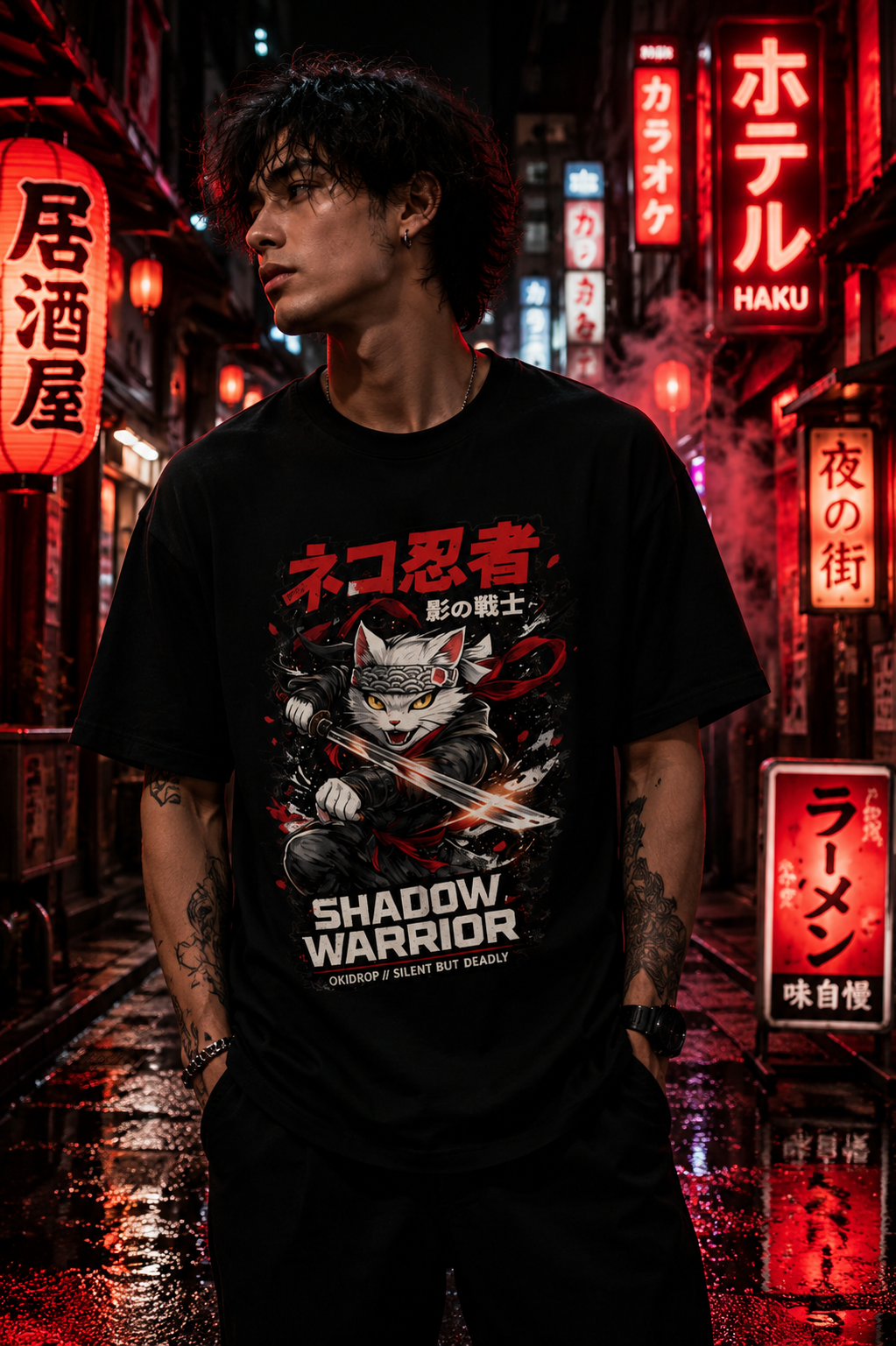 Shadow Warrior Cat – Anime Samurai Streetwear T-Shirt | OkiDrop
