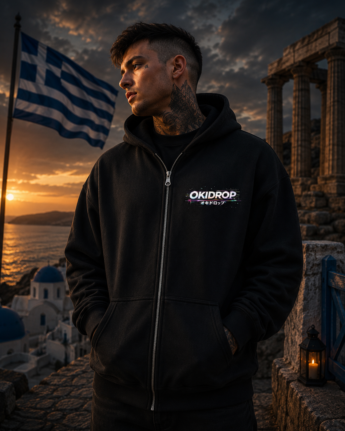 OKIDROP Hellas – Premium Zip Hoodie | Greek Flag Streetwear | Unisex