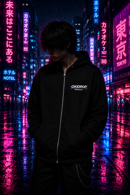 Astro Neko Zip Hoodie – Beyond Limits | Anime Cyberpunk Streetwear by OKIDROP