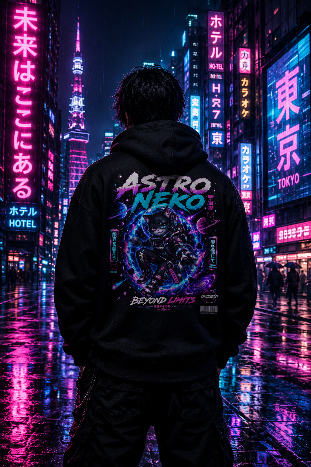 Astro Neko Zip Hoodie – Beyond Limits | Anime Cyberpunk Streetwear by OKIDROP