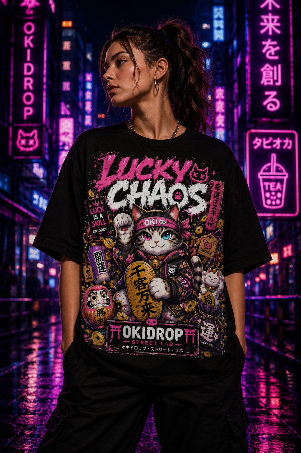 Lucky Chaos Anime Cat Tee | Japanese Streetwear by OKIDROP 🎌🔥🐾