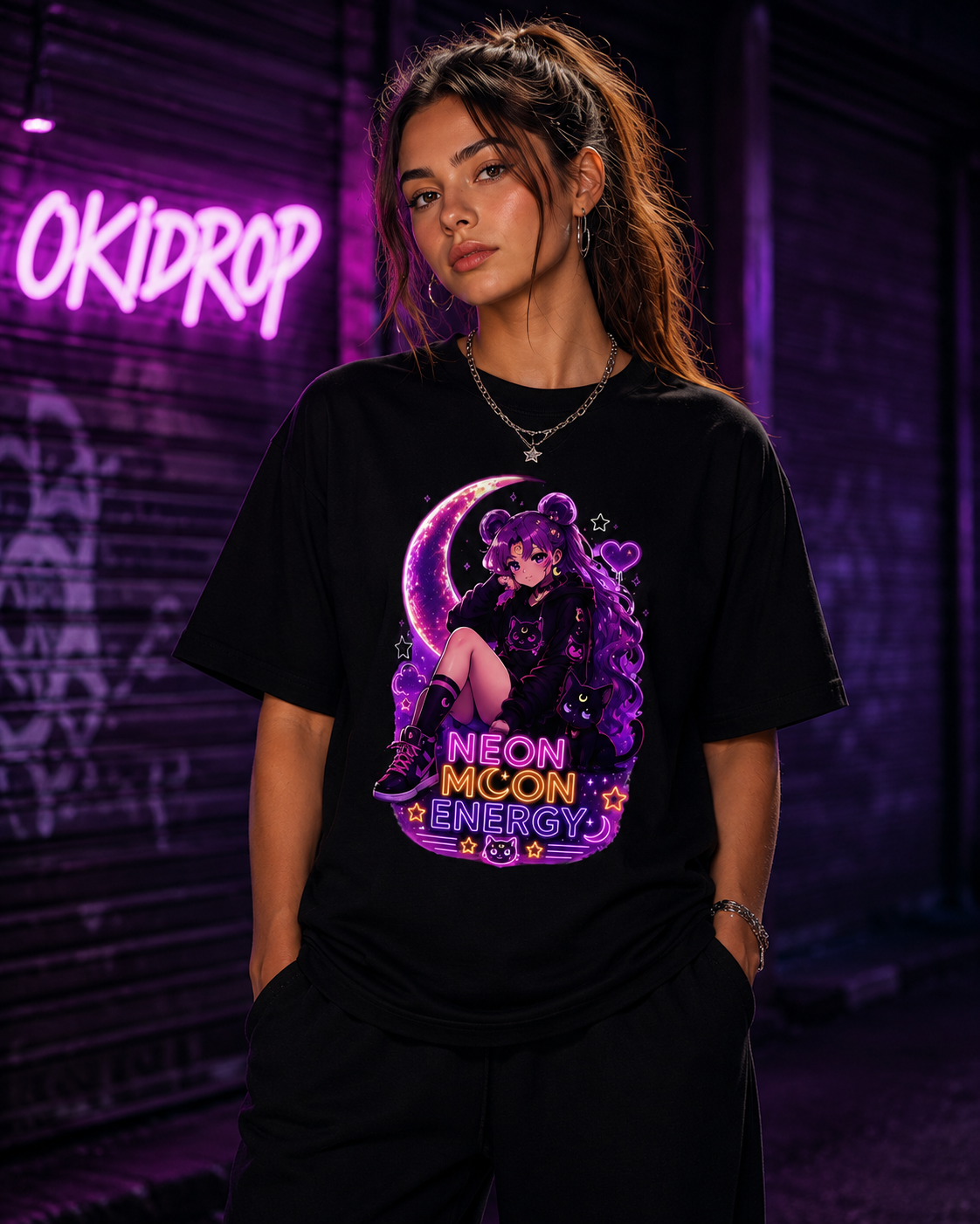 Neon Moon Energy Anime Streetwear T-Shirt | Premium Unisex Tee | OkiDrop