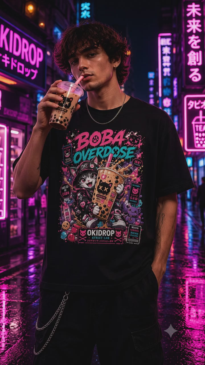 Boba Overdose Tee – Anime Cat Streetwear Shirt | OkiDrop